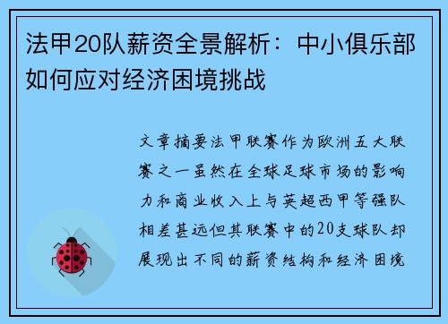 法甲20队薪资全景解析：中小俱乐部如何应对经济困境挑战