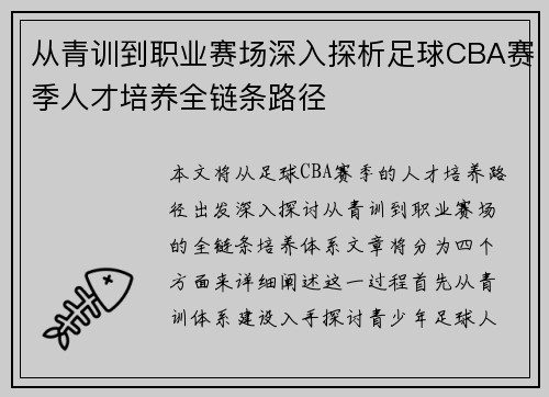 从青训到职业赛场深入探析足球CBA赛季人才培养全链条路径