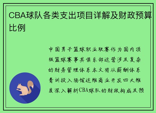 CBA球队各类支出项目详解及财政预算比例